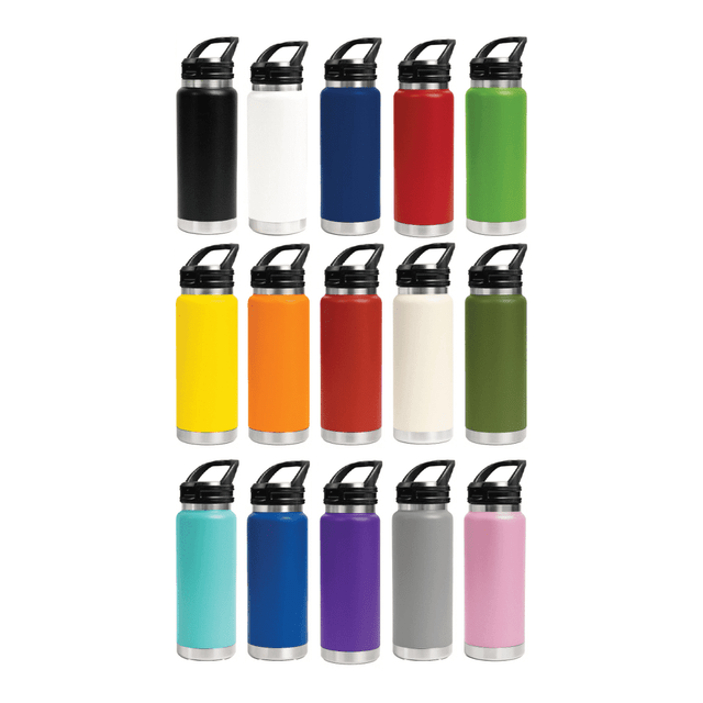 A drink bottle collection featuring various colours: black, white, red, green, yellow, orange, cream, navy, teal, grey, and pink, with a sipper handle lid.