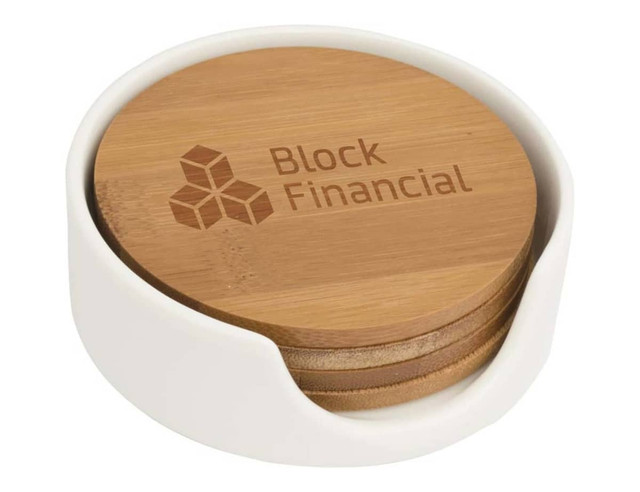 A bamboo coaster set in a white holder, featuring a logo on the coasters.