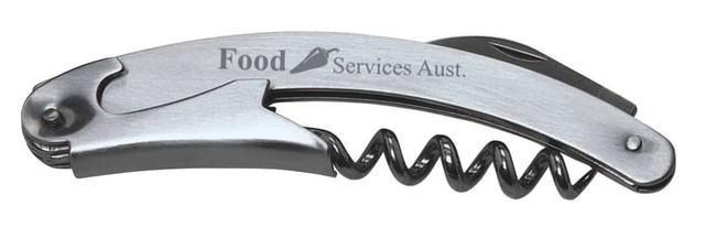 A drink bottle opener and corkscrew in silver metal with an integrated knife, featuring a branding logo.