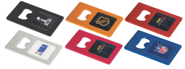 A set of bottle openers in various colours: black, orange, red, blue, and grey, featuring logos.
