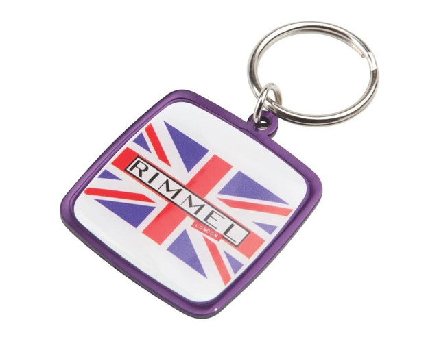A square keyring featuring a British flag design, with a purple border and a logo.