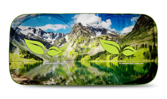 A full-colour sunshade featuring a scenic mountain and lake landscape with green leaf branding.
