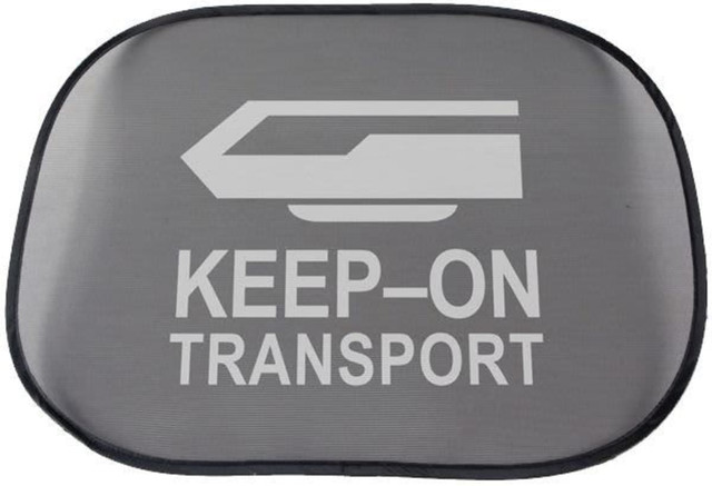 A grey sunshade featuring a logo and text, designed for leisure and outdoor use.