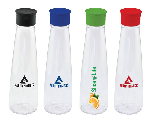 A drink bottle set featuring clear designs with black, red, green, and blue caps, and various branding.