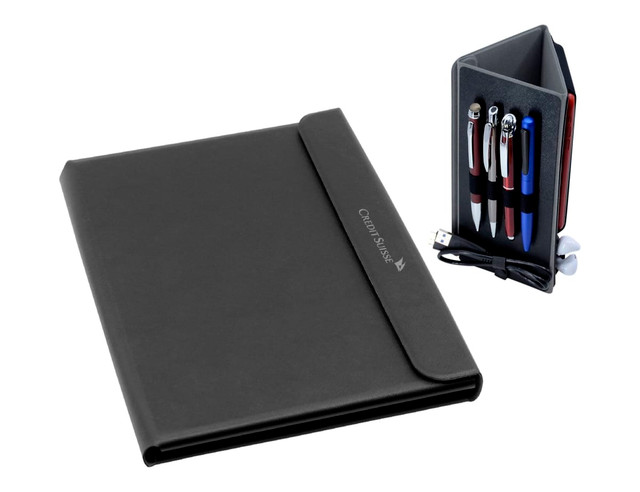 A black A4 portfolio includes pens, a USB, and earphones, featuring a logo on the cover.
