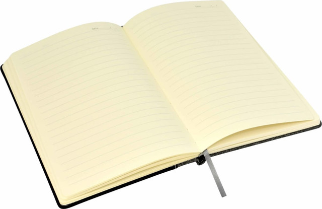 An open A5 notebook with lined pages and a black/grey cover, featuring a ribbon bookmark.