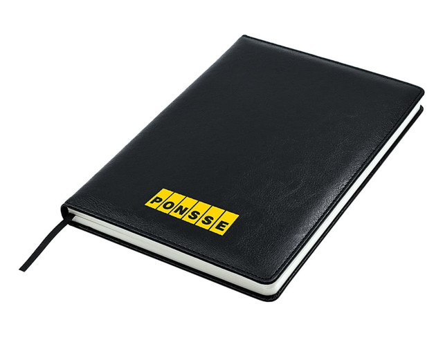A black A5 notebook with a textured cover and a ribbon marker, featuring a logo on the front.