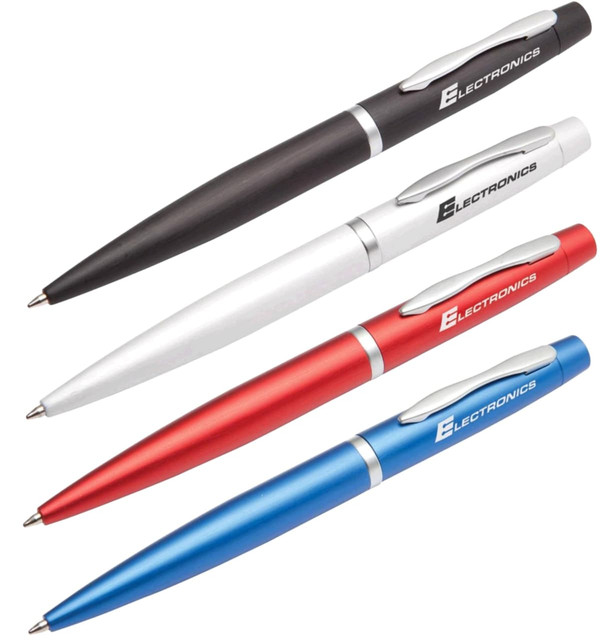 A set of four metal pens in black, white, red, and blue, featuring a branding logo on each.