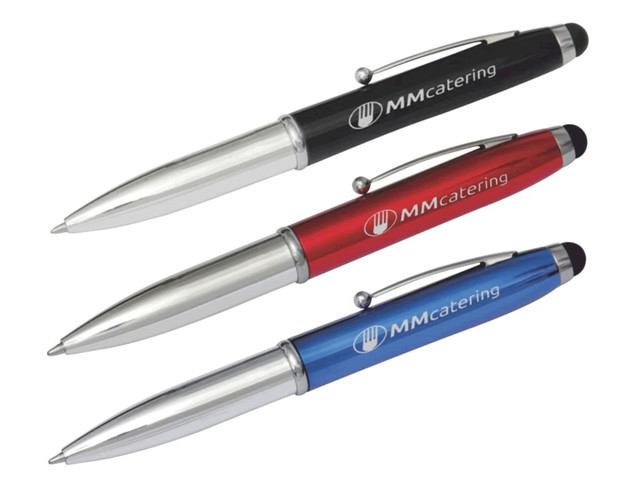 Three Economy 3-Way Stylus Pens in black, red, and blue, featuring a logo on the barrel.