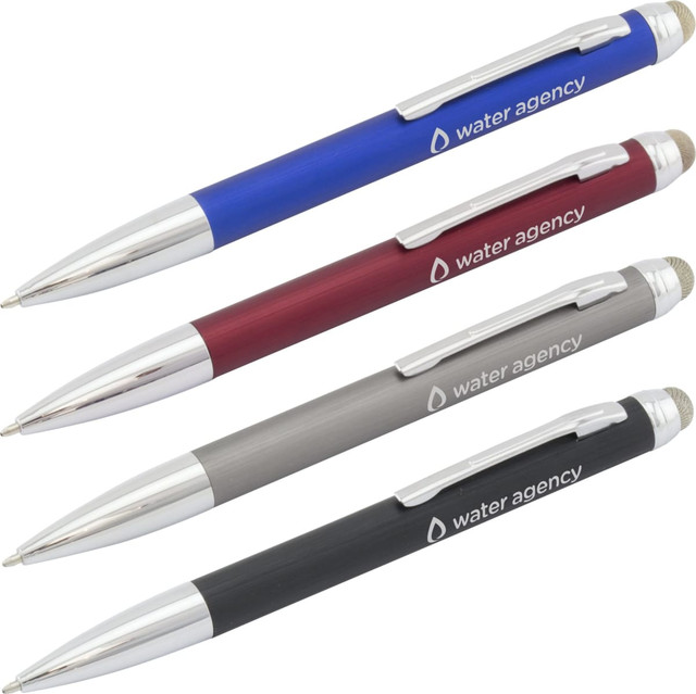 A set of four stylus pens in blue, burgundy, silver, and black, each with a logo printed on them.