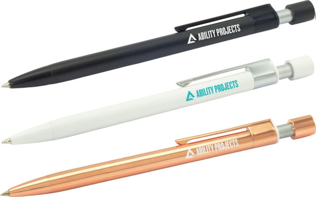A set of three metal pens in black, white, and rose gold, each featuring a logo.