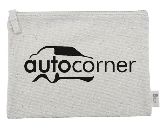 A cream-coloured conference bag with a zip closure and a logo printed on the front.