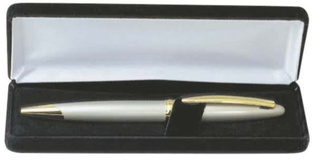 A velvet deluxe gift box containing a grey pen with a gold clip. The box has a black interior.