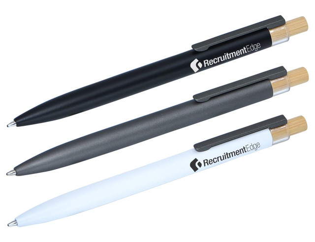 A set of three metal pens in black, grey, and white, each featuring a branding element.
