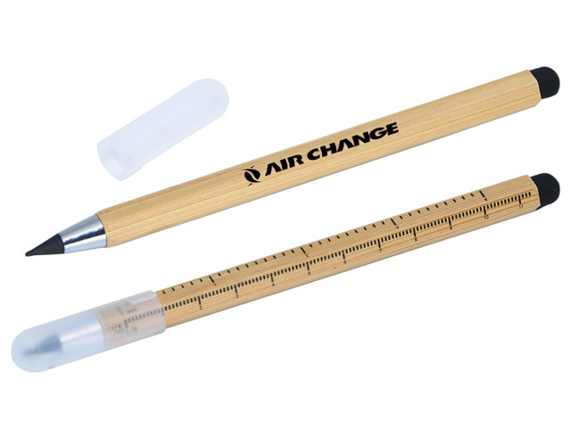 A bamboo stylus pen with a silver nib and black tips, featuring a translucent cap and a logo.