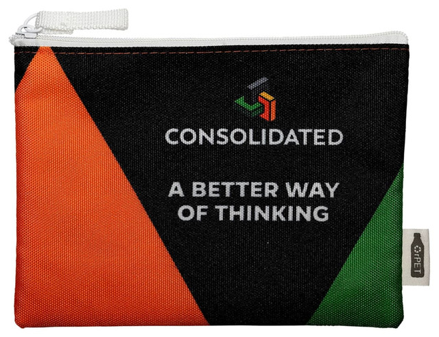 A toiletry pouch featuring a bold geometric design in black, orange, and green, with a zipper and branding logo.