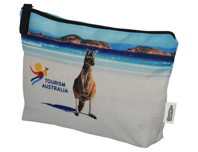 A toiletry/makeup bag featuring a kangaroo and beach scene, with a zipper closure and a logo. Predominantly in white and blue.