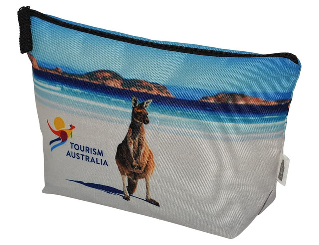 A toiletry bag featuring a kangaroo on a beach backdrop, with a blue and white colour scheme and a logo.