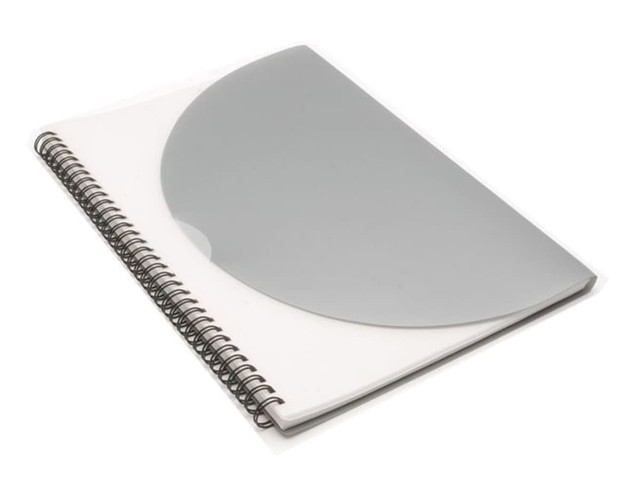 A large silver A4 notepad with a spiral binding and a transparent cover. It features a logo on the front.