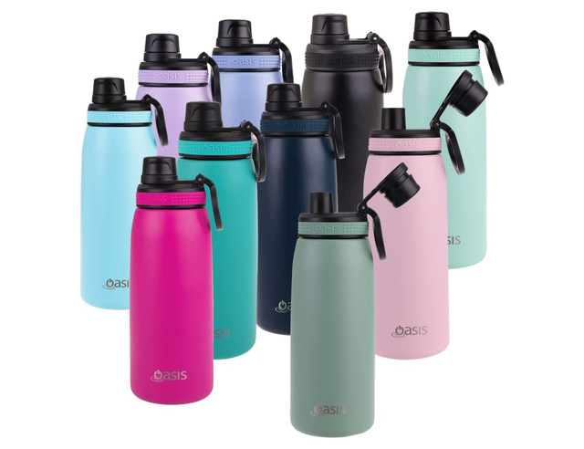 A drink bottle collection featuring various colours, including pink, black, teal, and purple, with a screw cap and logo.