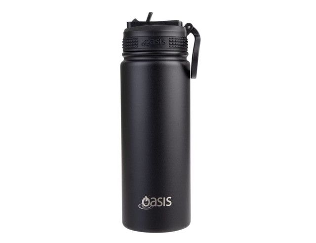 A drink bottle featuring a black matte finish, a sipper spout, and a secure cap, with a logo on the body.