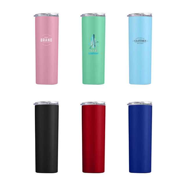 A drink bottle collection featuring six U-shaped double wall stainless steel cups in pink, mint, black, red, and blue, with lids and logos.