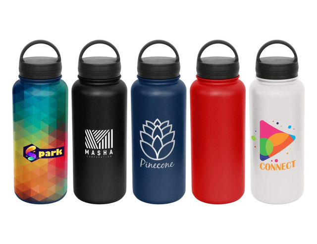 A drink bottle collection featuring various colours: blue, black, red, and white, with different logos and designs.