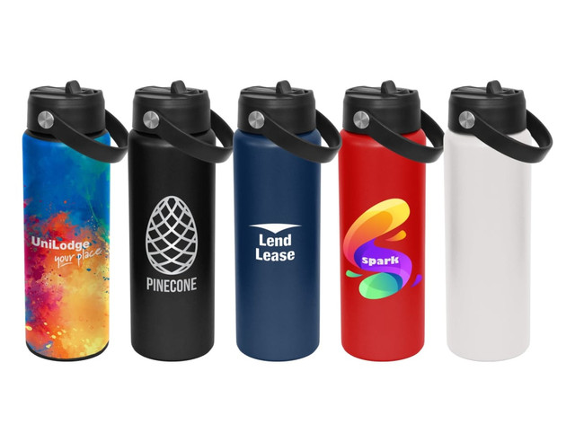 A drink bottle collection featuring five varieties: blue, red, white, and multicoloured designs, with branding on some.