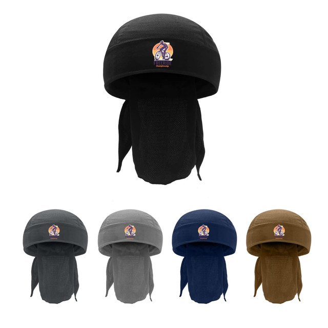 A cycling bandana hat in black, grey, navy, and brown, featuring a logo on the front. 