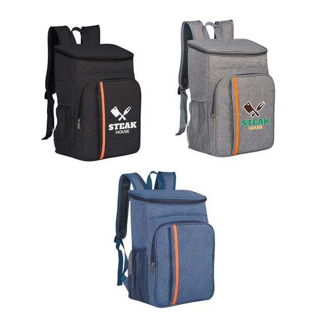 A large capacity cooler backpack in black, grey, and navy with front pockets and logo branding.