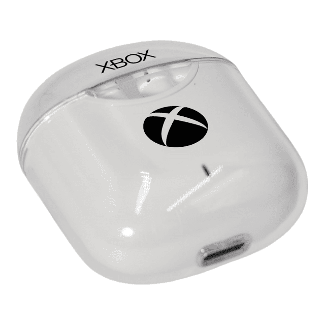 A pair of white earphones in a clear case, featuring a logo on the front.