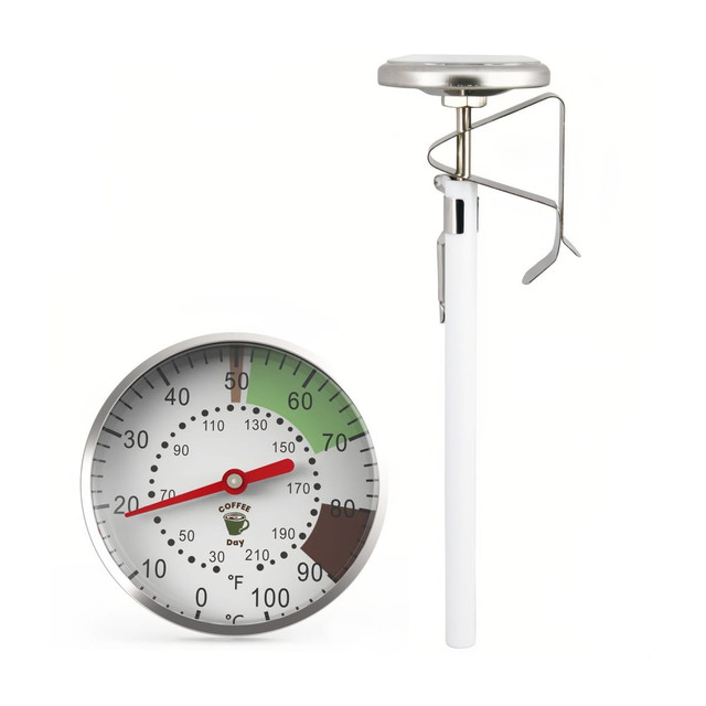 A stainless steel dial thermometer with a white stem, featuring a large, easy-to-read gauge.