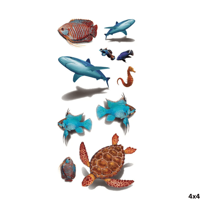 A variety of colourful waterproof temporary tattoos featuring fish, a turtle, a seahorse, and sharks. Includes a logo. A variety of colourful waterproof temporary tattoos featuring fish, a turtle, a seahorse, and sharks. Includes a logo.