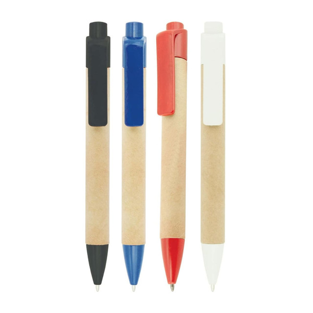 A set of four pens featuring recycled cardboard bodies, with caps and clips in black, blue, red, and white.
