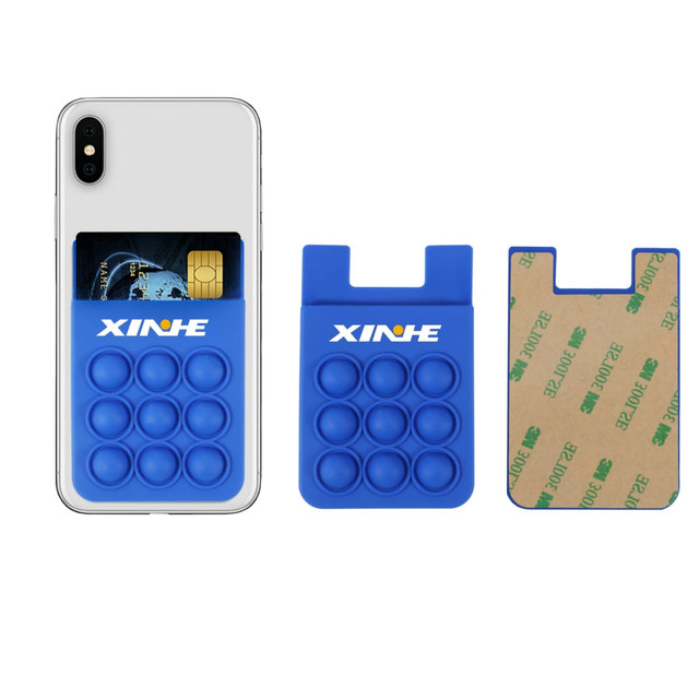 A blue silicone phone wallet features a pop bubble design, compatible with a smartphone, and includes a backing for adhesion.