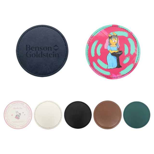 A collection of PU coasters in various colours, featuring a logo on the dark blue coaster and a design on the pink one.
