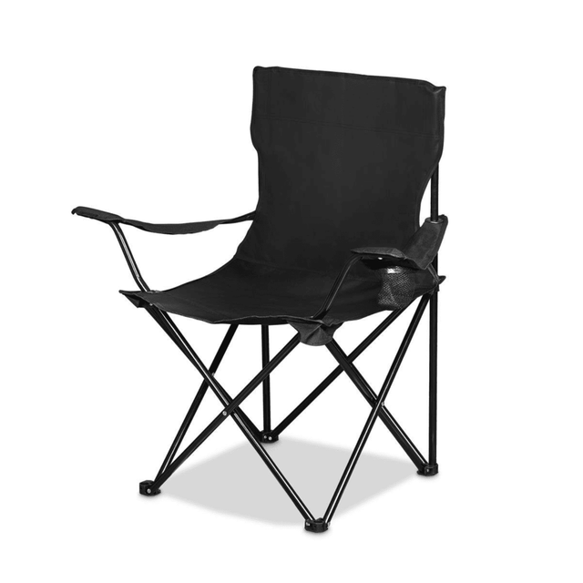 A black folding chair with armrests and a metal frame, designed for leisure and outdoor activities.
