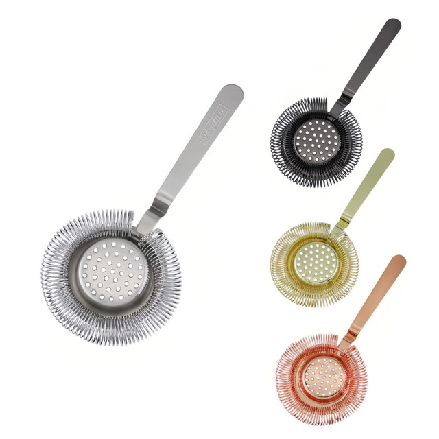 A round cocktail strainer in silver, black, gold, and copper colours, featuring a handle and a logo.