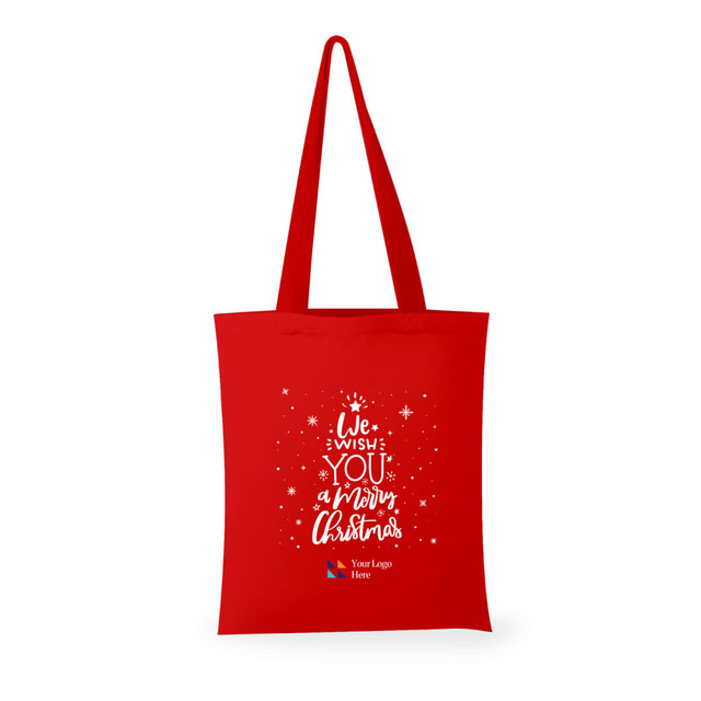 A red tote bag featuring a festive design and a logo area, ideal for carrying various items.