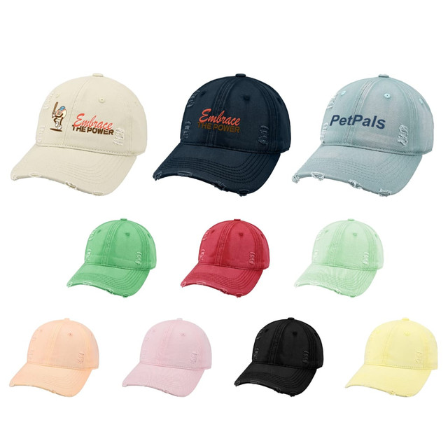 A collection of 6-panel vintage baseball caps in beige, red, mint green, peach, pink, and black, featuring various logos.