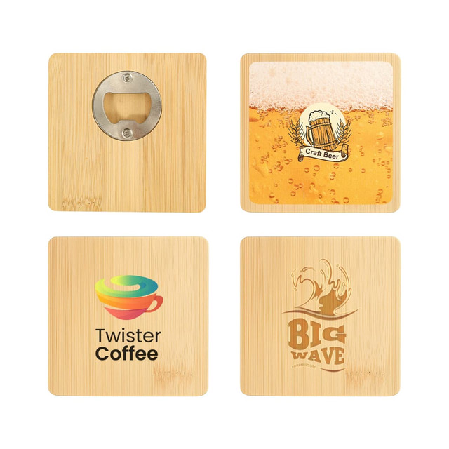 A drink bottle opener coaster made of bamboo, featuring various printed designs and a bottle opener.