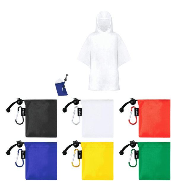 A Haze Kids Poncho in white, with a RPET pouch available in black, blue, red, yellow, and green. Logo present.
