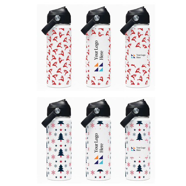 A drink bottle featuring a white design with red patterns of reindeer and trees, equipped with a carry handle. A drink bottle featuring a white design with red patterns of reindeer and trees, equipped with a carry handle.