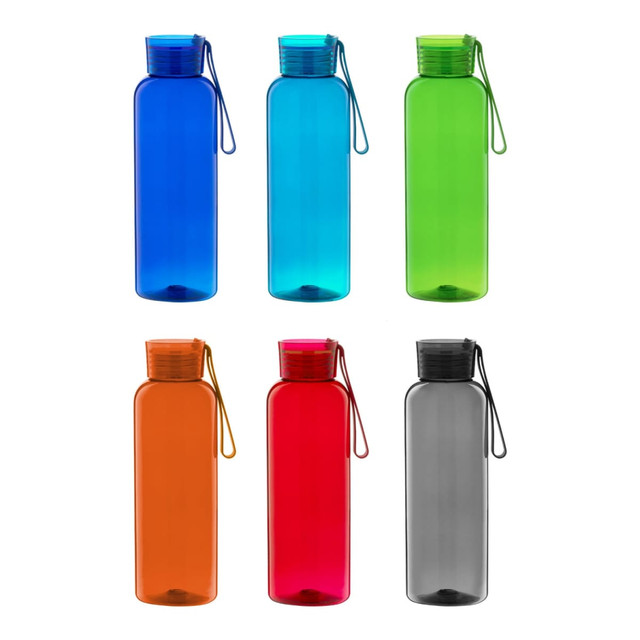 A drink bottle collection featuring six colours: blue, green, aqua, orange, pink, and grey, each with a black lid and strap.