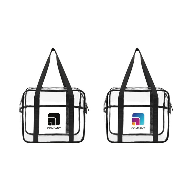 A clear tote handbag with black straps and side panels, featuring different logos on each side.