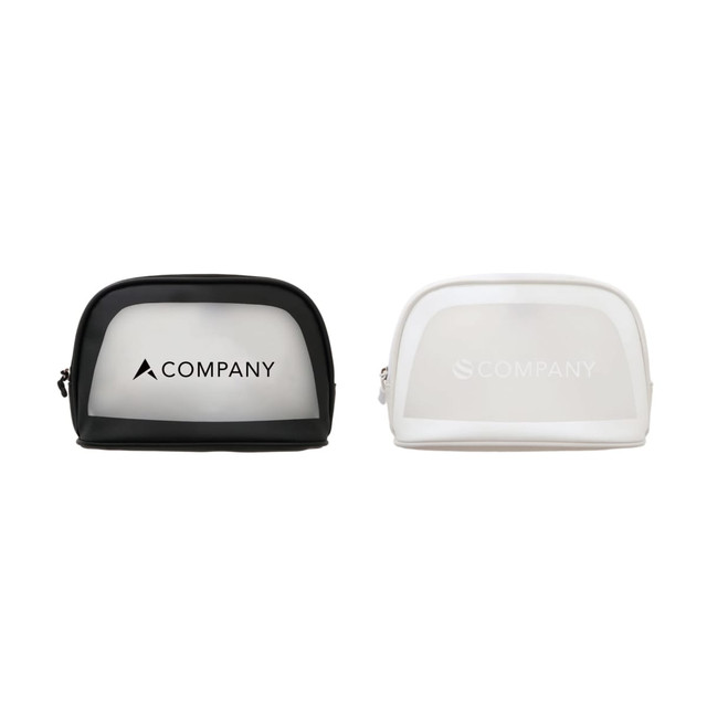 A waterproof transparent cosmetic bag in black and white, featuring a logo on each side.