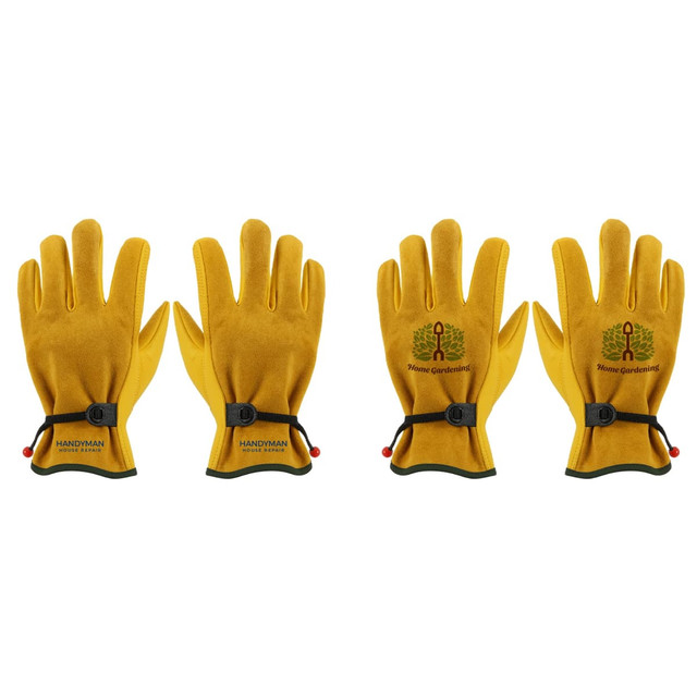 A pair of yellow cowhide gardening gloves with adjustable wrist straps, featuring a logo on one glove.