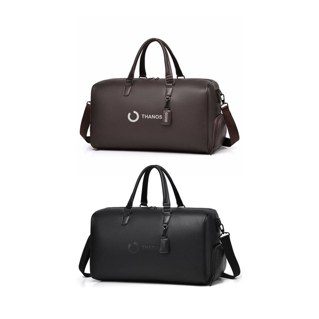 A polyurethane duffle bag in brown and black, featuring dual handles and a detachable strap, with a logo.