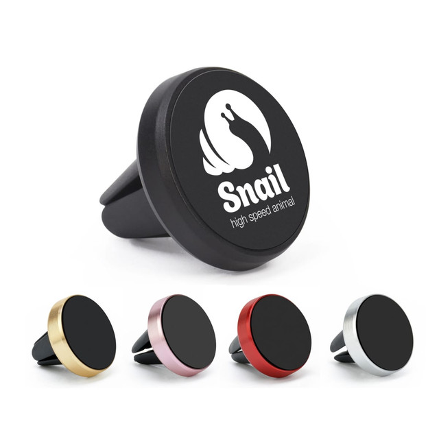 A clip-on car phone holder in black, with four additional holders in gold, pink, red, and silver. Each has a logo.