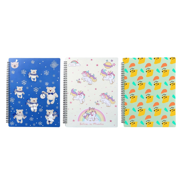 Three spiral-bound folders with varied designs: blue with bears, white with unicorns, and vibrant patterns of ice creams.